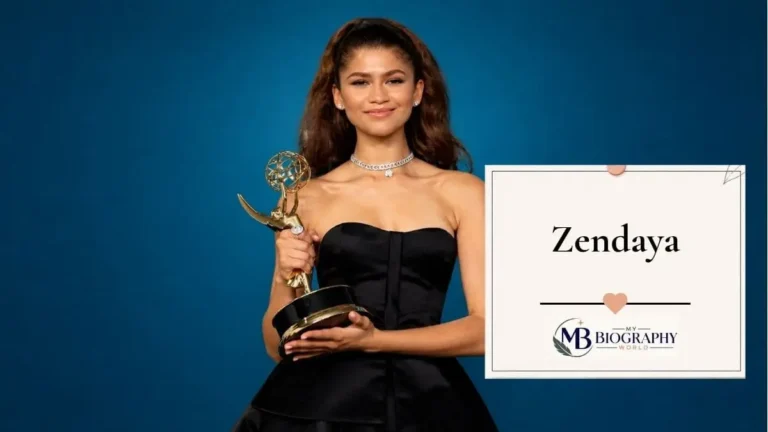 Zendaya holding an award at a ceremony, featured in a My Biography World