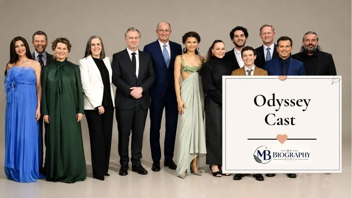 A group of The Odyssey Cast members posing together at a formal event, represented by My Biography World.